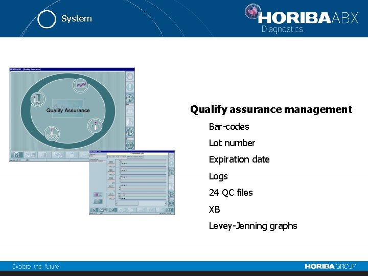 System Qualify assurance management Bar-codes Lot number Expiration date Logs 24 QC files XB