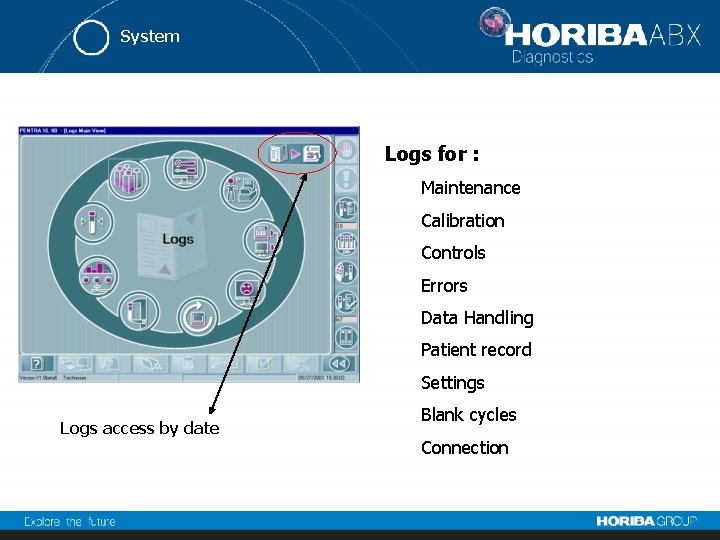 System Logs for : Maintenance Calibration Controls Errors Data Handling Patient record Settings Logs
