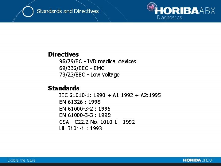 Standards and Directives 98/79/EC - IVD medical devices 89/336/EEC - EMC 73/23/EEC - Low