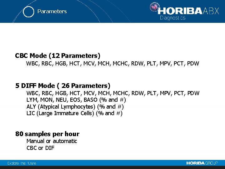 Parameters CBC Mode (12 Parameters) WBC, RBC, HGB, HCT, MCV, MCHC, RDW, PLT, MPV,