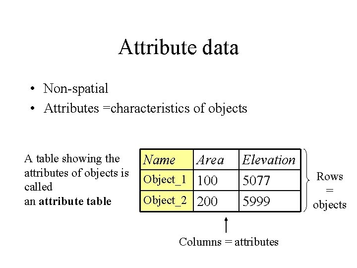 Attribute data • Non-spatial • Attributes =characteristics of objects A table showing the attributes