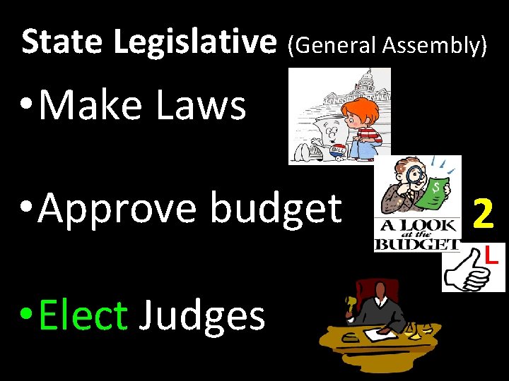 State Legislative (General Assembly) • Make Laws • Approve budget 2 L • Elect