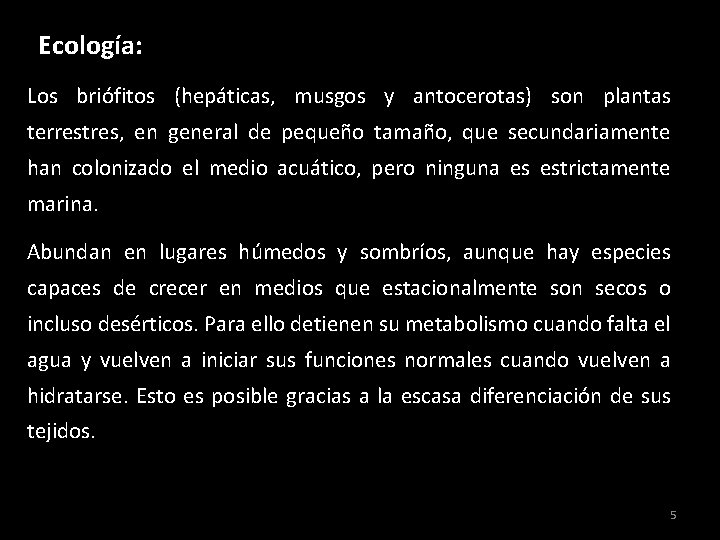 Ecología: Los briófitos (hepáticas, musgos y antocerotas) son plantas terrestres, en general de pequeño Ecología: Los briófitos (hepáticas, musgos y antocerotas) son plantas terrestres, en general de pequeño