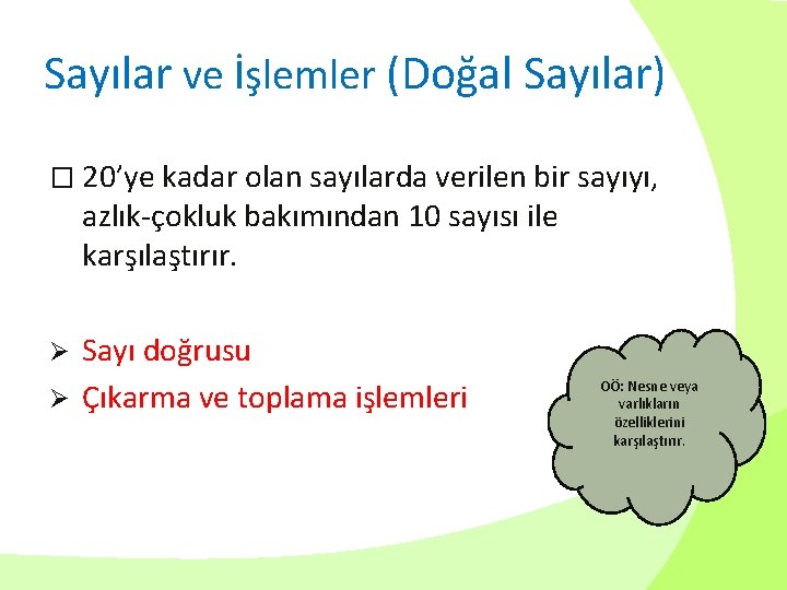 Sayılar ve İşlemler (Doğal Sayılar) � 20’ye kadar olan sayılarda verilen bir sayıyı, azlık-çokluk