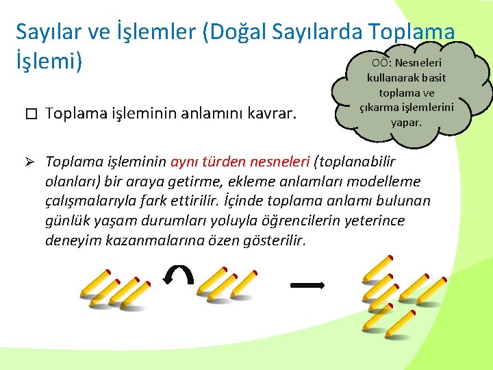 Sayılar ve İşlemler (Doğal Sayılarda Toplama OÖ: Nesneleri İşlemi) kullanarak basit toplama ve çıkarma
