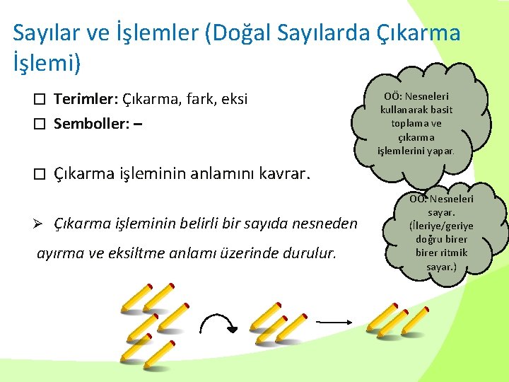 Sayılar ve İşlemler (Doğal Sayılarda Çıkarma İşlemi) Terimler: Çıkarma, fark, eksi � Semboller: –