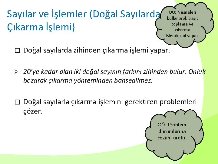 Sayılar ve İşlemler (Doğal Sayılarda Çıkarma İşlemi) OÖ: Nesneleri kullanarak basit toplama ve çıkarma
