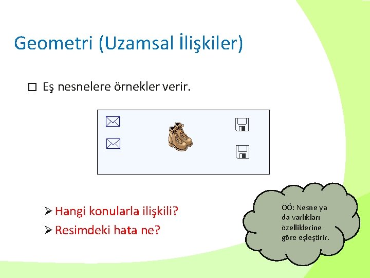 Geometri (Uzamsal İlişkiler) � Eş nesnelere örnekler verir. Ø Hangi konularla ilişkili? Ø Resimdeki