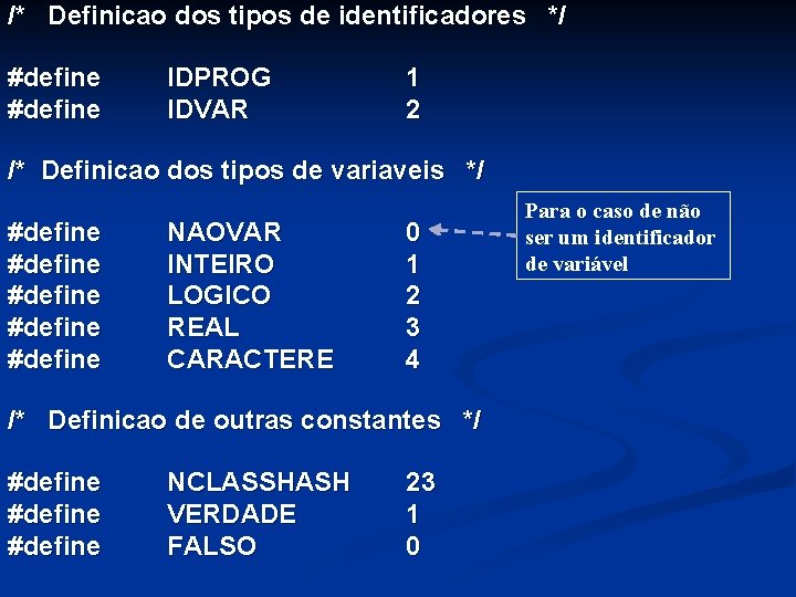 /* Definicao dos tipos de identificadores */ #define IDPROG IDVAR 1 2 /* Definicao