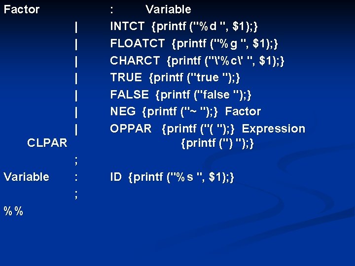 Factor | | | | : Variable INTCT {printf ("%d ", $1); } FLOATCT