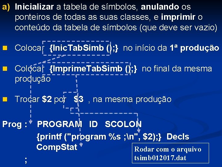 a) Inicializar a tabela de símbolos, anulando os ponteiros de todas as suas classes,