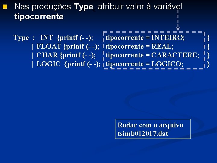 n Nas produções Type, atribuir valor à variável tipocorrente Type : INT {printf (-