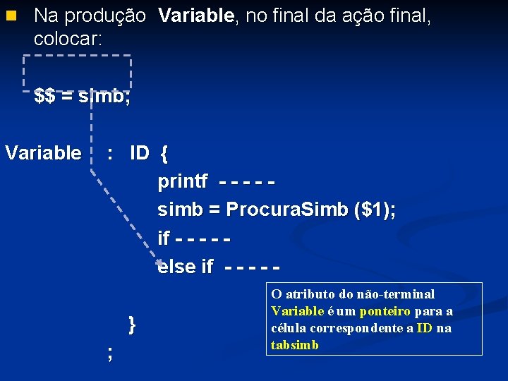 n Na produção Variable, no final da ação final, colocar: $$ = simb; Variable