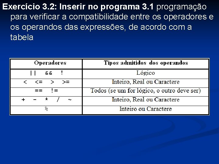 Exercício 3. 2: Inserir no programa 3. 1 programação para verificar a compatibilidade entre