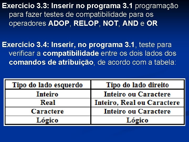 Exercício 3. 3: Inserir no programa 3. 1 programação para fazer testes de compatibilidade