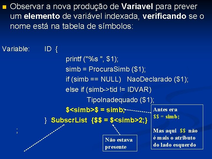 n Observar a nova produção de Variavel para prever um elemento de variável indexada,