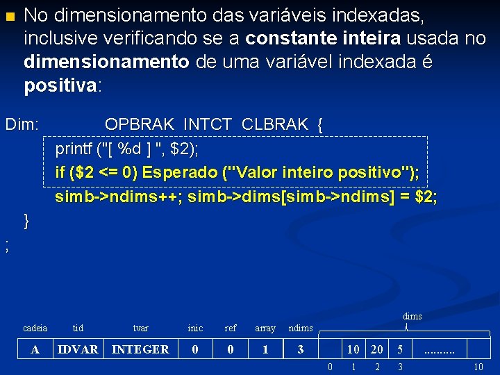 n No dimensionamento das variáveis indexadas, inclusive verificando se a constante inteira usada no