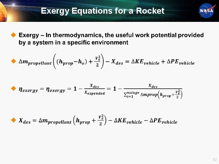 Exergy Equations for a Rocket u 52 