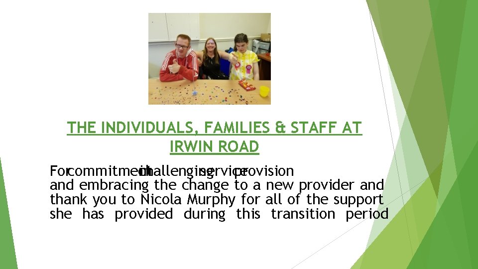 THE INDIVIDUALS, FAMILIES & STAFF AT IRWIN ROAD Forcommitment challenging in service provision and