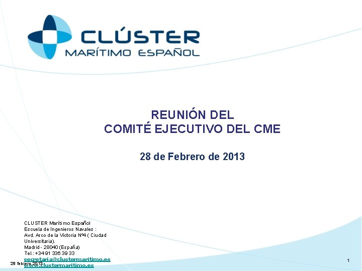 REUNIÓN DEL COMITÉ EJECUTIVO DEL CME 28 de Febrero de 2013 CLUSTER Marítimo Español