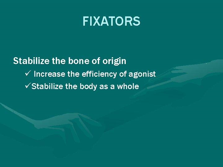 FIXATORS Stabilize the bone of origin ü Increase the efficiency of agonist üStabilize the FIXATORS Stabilize the bone of origin ü Increase the efficiency of agonist üStabilize the