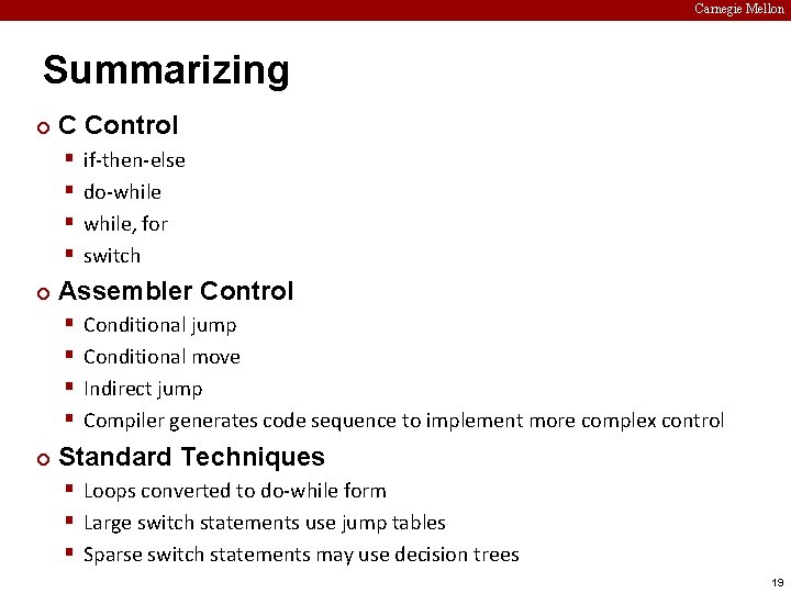 Carnegie Mellon Summarizing ¢ C Control § § ¢ Assembler Control § § ¢