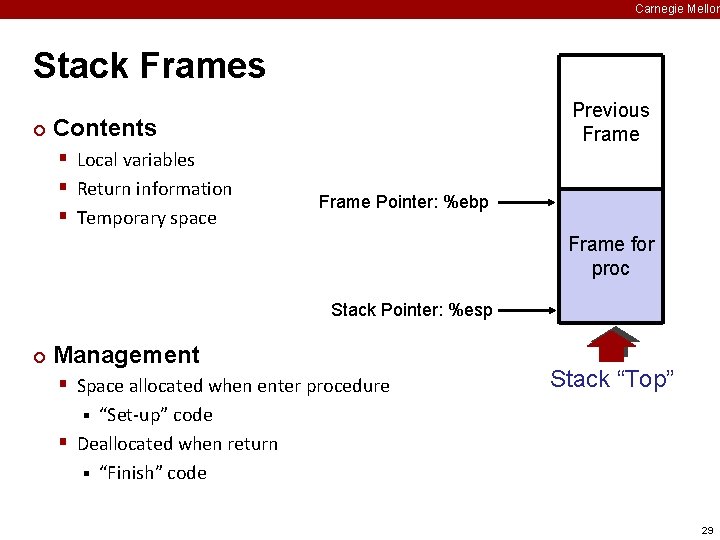 Carnegie Mellon Stack Frames ¢ Previous Frame Contents § Local variables § Return information
