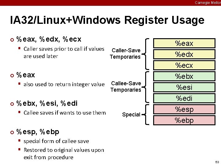 Carnegie Mellon IA 32/Linux+Windows Register Usage ¢ %eax, %edx, %ecx § Caller saves prior