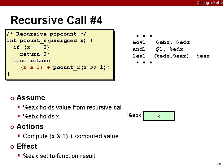 Carnegie Mellon Recursive Call #4 /* Recursive popcount */ int pcount_r(unsigned x) { if