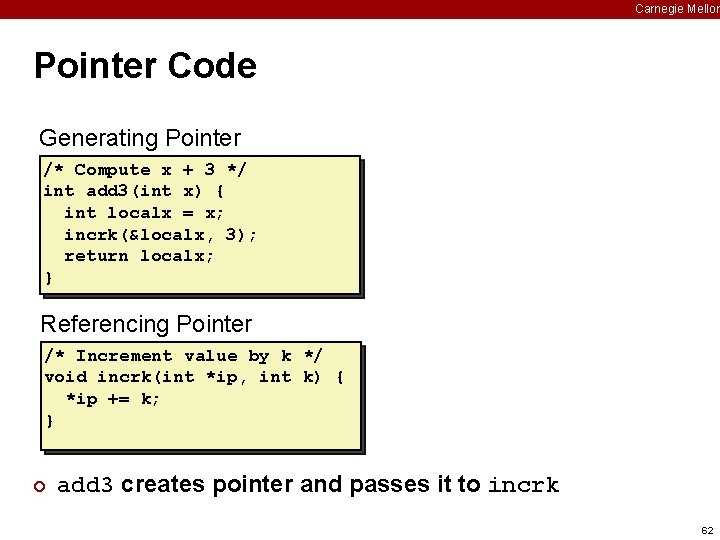 Carnegie Mellon Pointer Code Generating Pointer /* Compute x + 3 */ int add