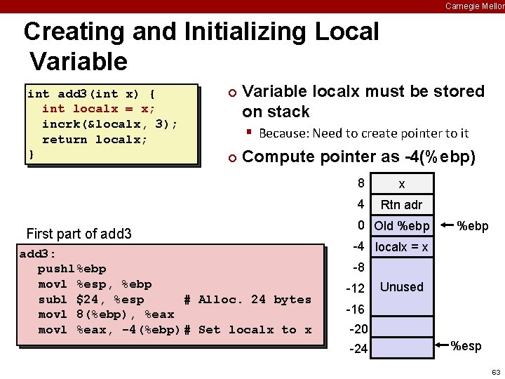 Carnegie Mellon Creating and Initializing Local Variable int add 3(int x) { int localx