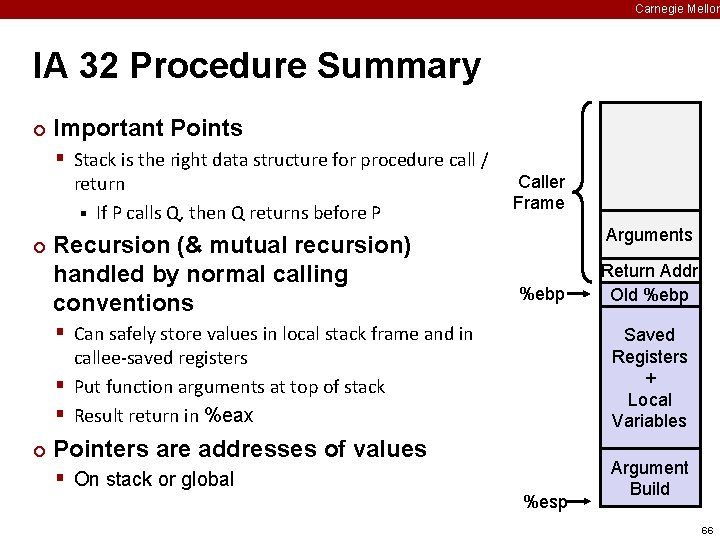 Carnegie Mellon IA 32 Procedure Summary ¢ Important Points § Stack is the right
