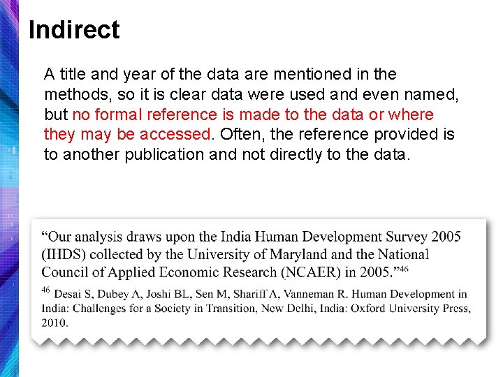 Indirect A title and year of the data are mentioned in the methods, so