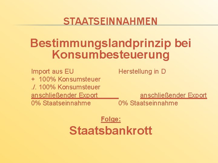 STAATSEINNAHMEN Bestimmungslandprinzip bei Konsumbesteuerung Import aus EU + 100% Konsumsteuer. /. 100% Konsumsteuer anschließender