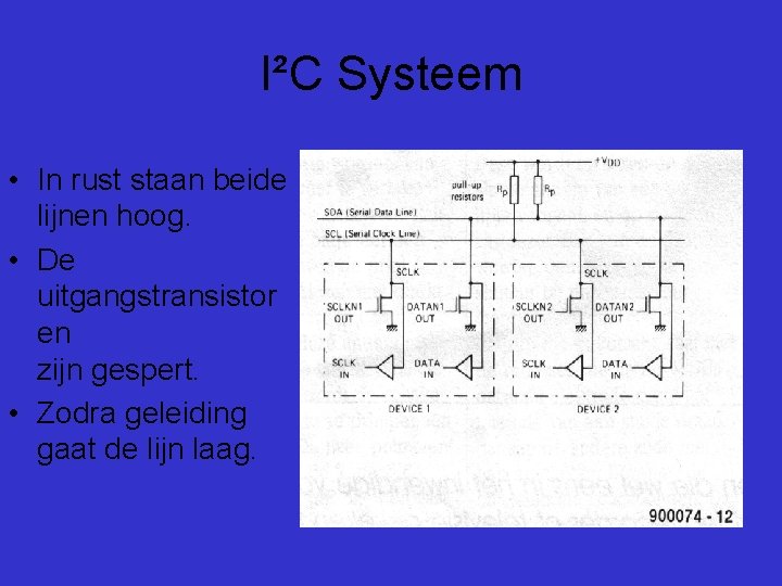 I²C Systeem • In rust staan beide lijnen hoog. • De uitgangstransistor en zijn