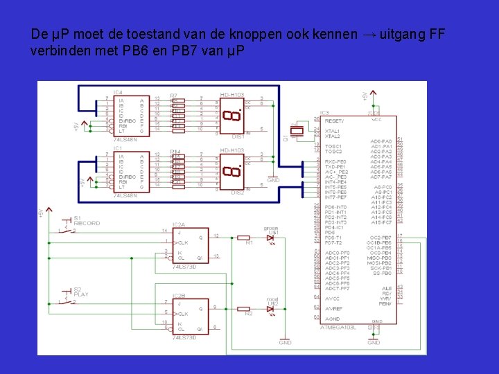 De µP moet de toestand van de knoppen ook kennen → uitgang FF verbinden