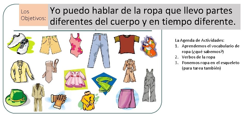 Los Objetivos: Yo puedo hablar de la ropa que llevo partes diferentes del cuerpo