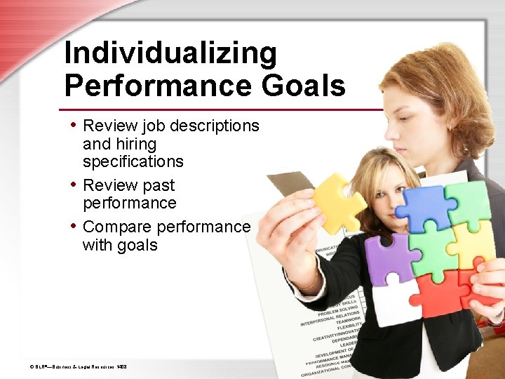 Individualizing Performance Goals • Review job descriptions and hiring specifications • Review past performance Individualizing Performance Goals • Review job descriptions and hiring specifications • Review past performance