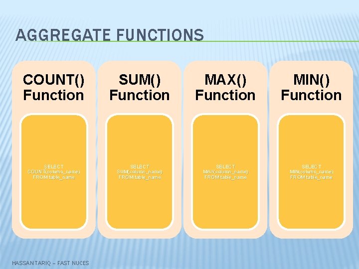 AGGREGATE FUNCTIONS COUNT() Function SUM() Function MAX() Function MIN() Function SELECT COUNT(column_name) FROM table_name