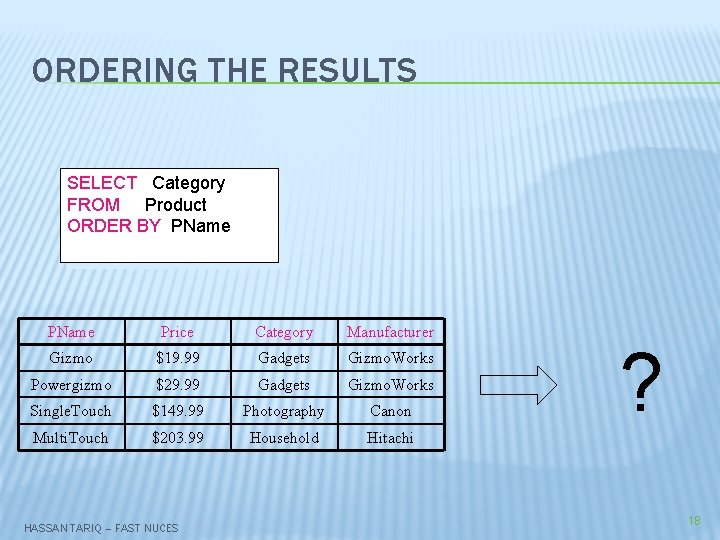 ORDERING THE RESULTS SELECT Category FROM Product ORDER BY PName Price Category Manufacturer Gizmo