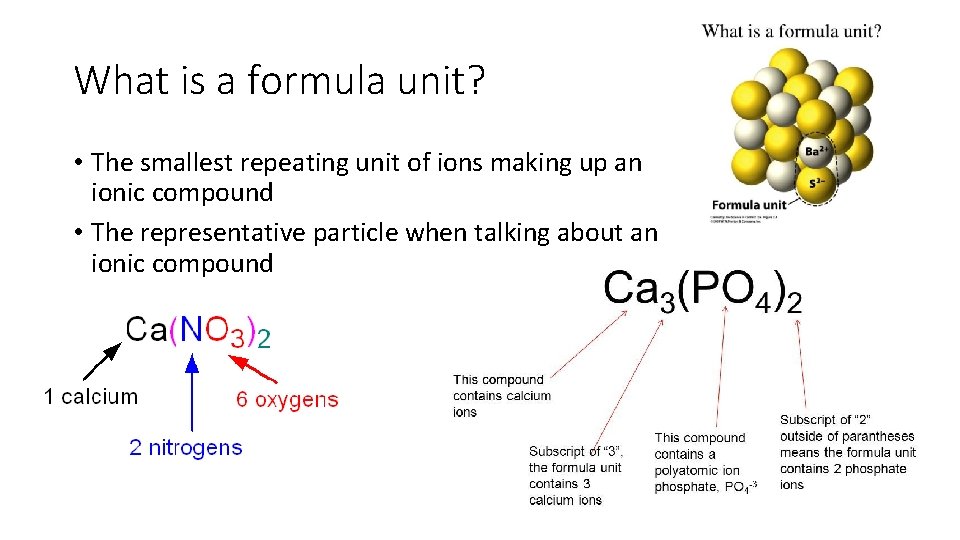 What is a formula unit? • The smallest repeating unit of ions making up