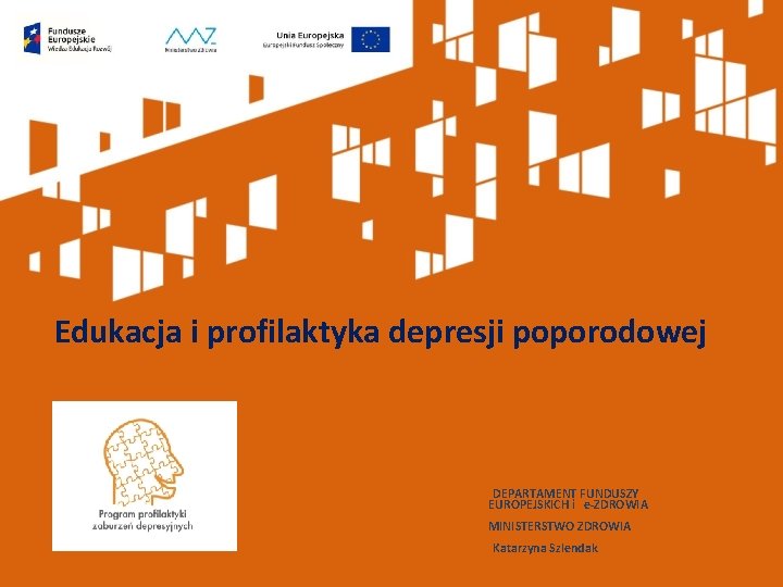 Edukacja i profilaktyka depresji poporodowej DEPARTAMENT FUNDUSZY EUROPEJSKICH i e-ZDROWIA MINISTERSTWO ZDROWIA Katarzyna Szlendak
