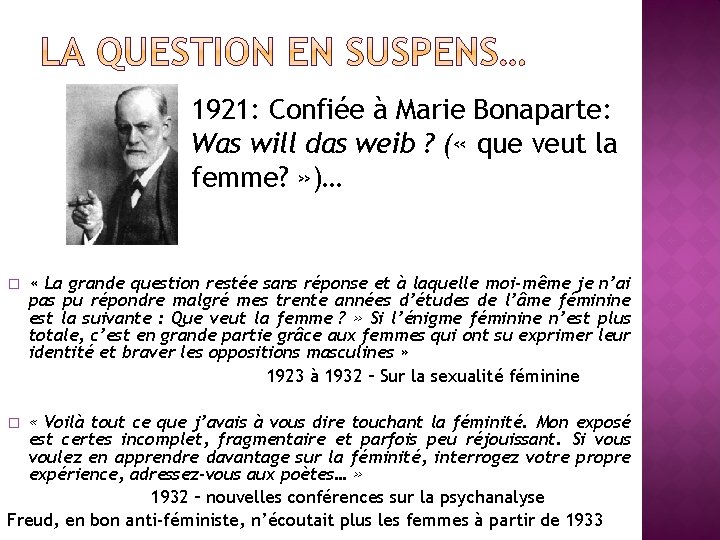 1921: Confiée à Marie Bonaparte: Was will das weib ? ( « que veut