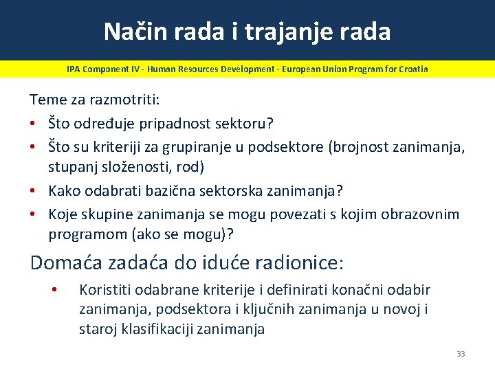 Način rada i trajanje rada IPA Component IV - Human Resources Development - European