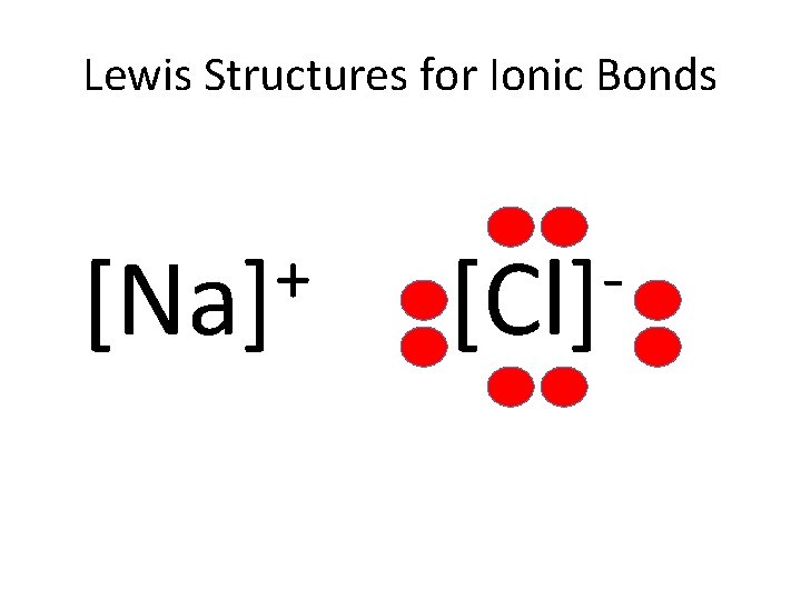 Lewis Structures for Ionic Bonds + [Na] [Cl] 