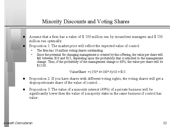 Minority Discounts and Voting Shares Assume that a firm has a value of $