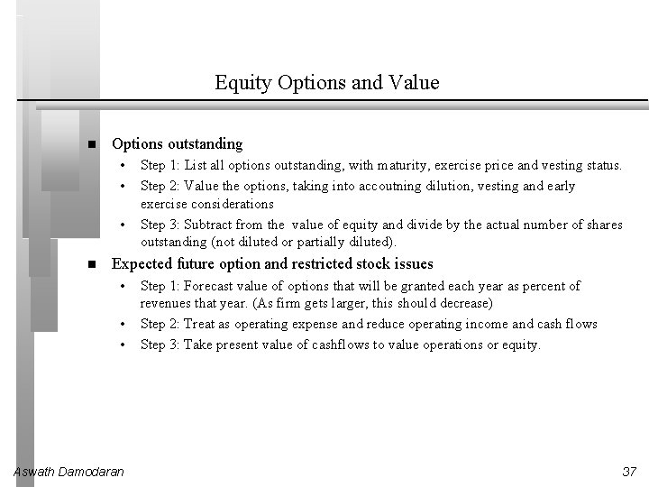 Equity Options and Value Options outstanding • • • Step 1: List all options