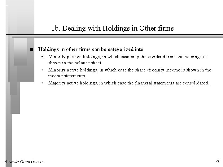 1 b. Dealing with Holdings in Other firms Holdings in other firms can be