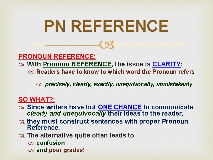 PN REFERENCE PRONOUN REFERENCE: With Pronoun REFERENCE, the issue is CLARITY: Readers have to