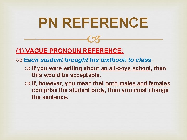 PN REFERENCE (1) VAGUE PRONOUN REFERENCE: Each student brought his textbook to class. If
